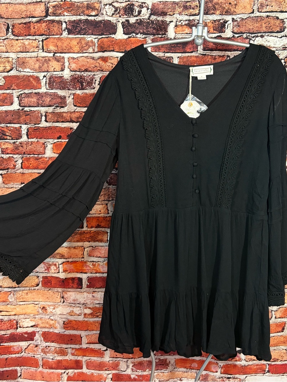 Love Riche Black Boho V-Neck Tunic Mini Dress with Lace Trim and Bell Sleeves S